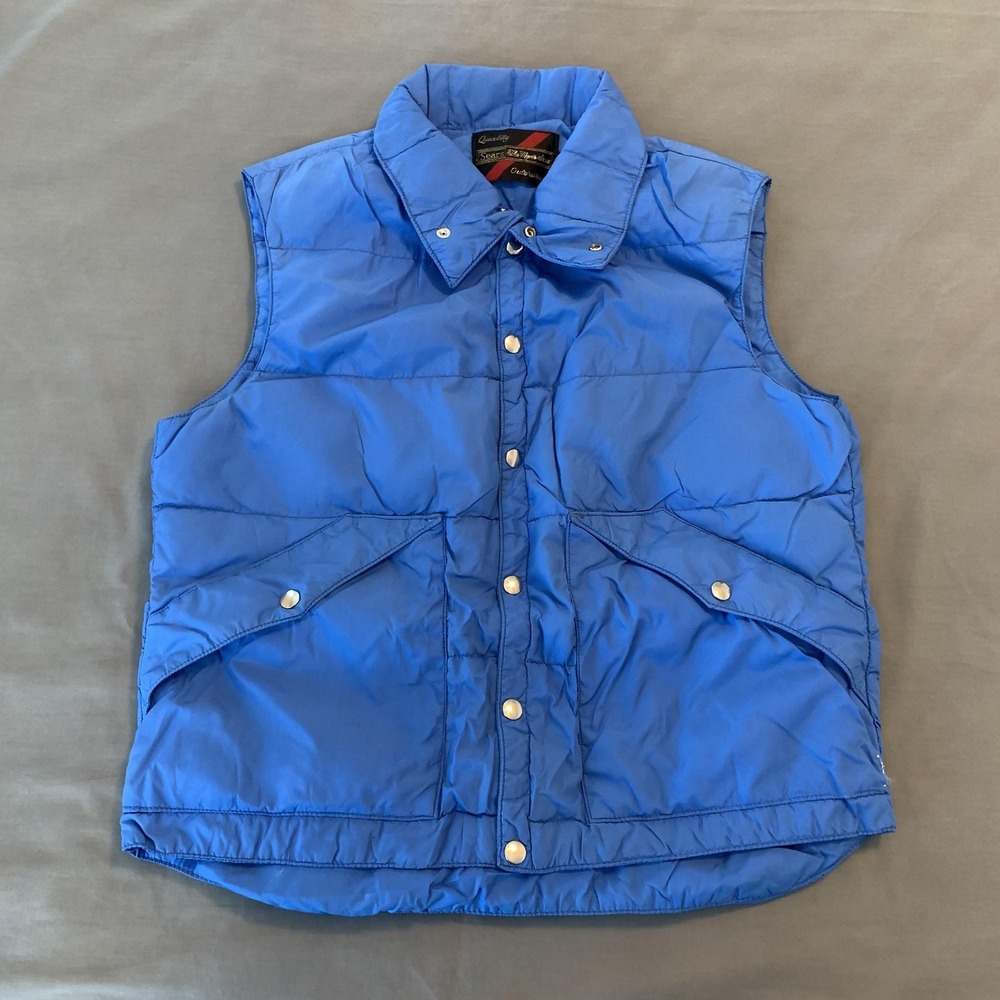 Vintage‎ Sears Puffer Vest Mens Large Blue Quilted Insulated Snap Front